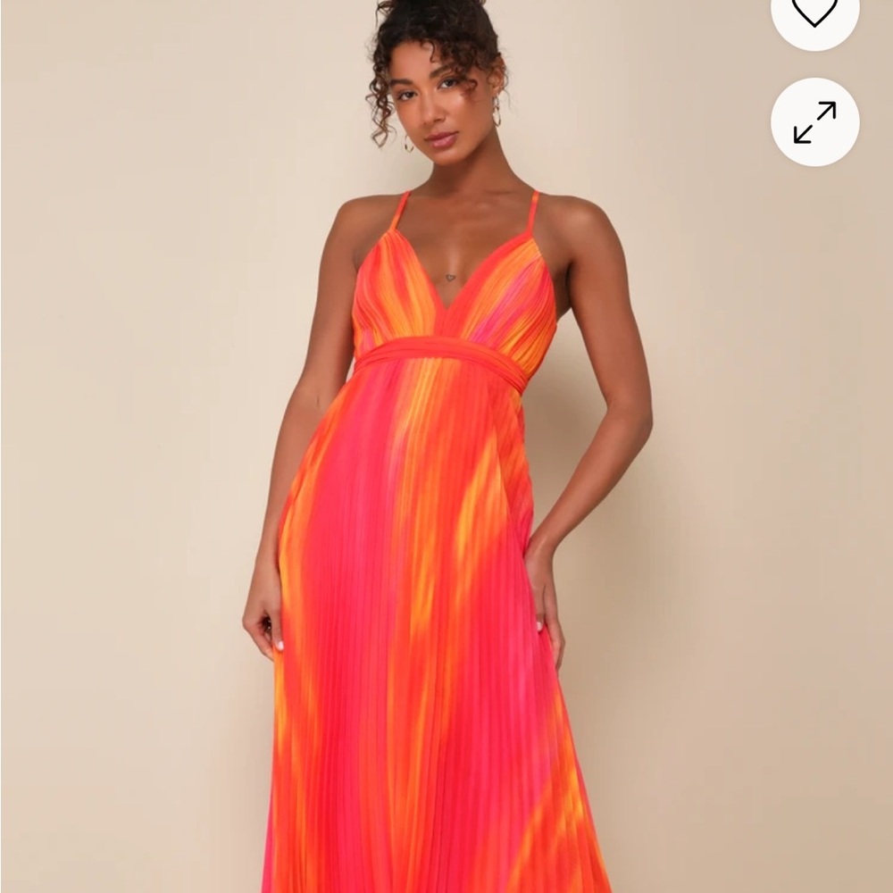 Lulus Lovely Boldness Orange Multi Watercolor Pleated Maxi Dress